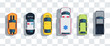 © Ihor - Cars set from above, top view isolated. Cute beautiful cartoon transport with shadows. Modern urban civilian vehicle. View from the bird's eye. Realistic car design. Flat style vector illustration.