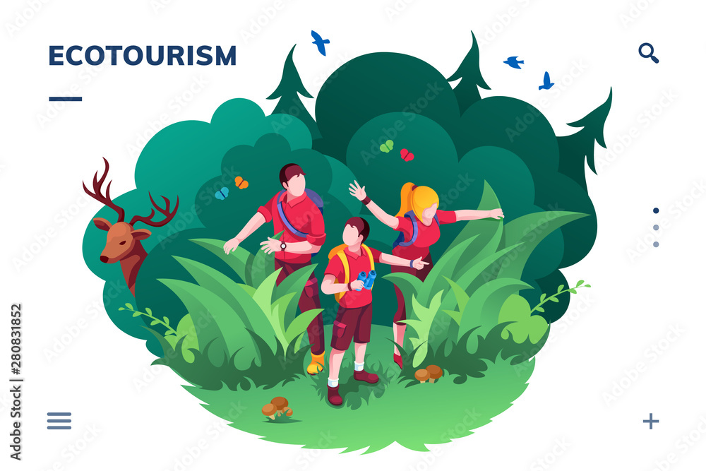 Ecotourism screen for smartphone application or eco tourism landing page. Family walking at wood or forest. Traveling and hiking activity banner. Ecology app and green concept. Recreation and summer - obrazy, fototapety, plakaty 