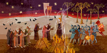 Medieval Scene. Inquisition. Burning Witches. Middle Ages Parchment Style. Joan Of Arc (Jeanne D'Arc) Concept. Monks And Soldiers At A Fire With The Witch. Ancient Book Vector Illustration