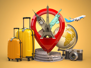 Wall Mural - Tourism and travelconcept. Pin pointer with famous tourist attractions, camera, suitcases and airplane. Eiffel tower, big ben, statue of liberty and coliseum.