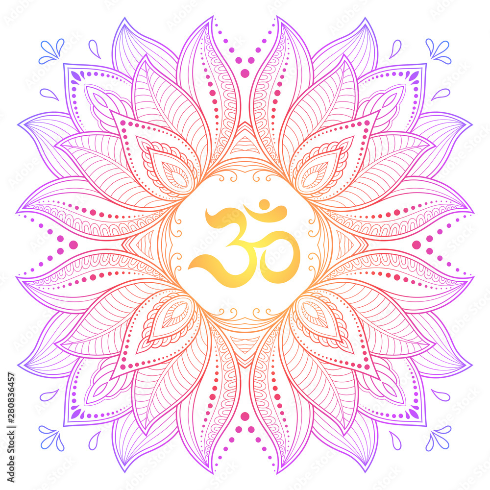 Color Circular pattern in form of mandala with ancient Hindu mantra OM and lotus flower for Henna, Mehndi, decoration. Decorative ornament in oriental style. Rainbow design on white background. - obrazy, fototapety, plakaty 