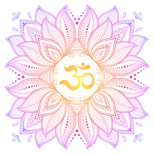 Color Circular Pattern In Form Of Mandala With Ancient Hindu Mantra OM And Lotus Flower For Henna, Mehndi, Decoration. Decorative Ornament In Oriental Style. Rainbow Design On White Background.