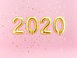 New year 2020 celebration. Gold foil balloons numeral 2020 and confetti on pink background. 3D rendering