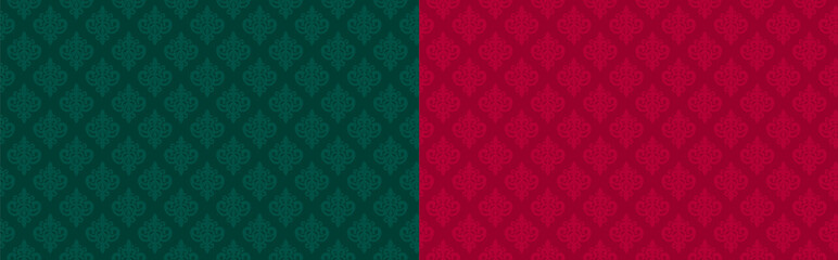 Dark emerald green and red ( marsala, burgundy, maroon) seamless damask pattern. Premium royal party. Luxury template backdrop for king, little prince, princess, queen birthday celebration. Xmas color
