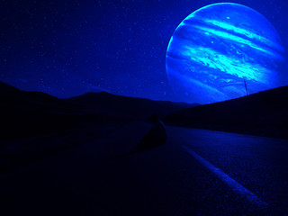 Wall Mural - fantasy surreal concept. scenic night landscape of country road at night with giant planet at night 