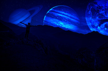 Wall Mural - fantasy surreal concept. scenic night landscape of country road at night with giant planet at night 