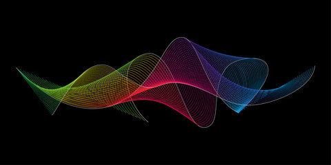 Wave of the many colored lines. Abstract wavy stripes on a black background isolated. Creative line art. Design elements created using the Blend Tool. 