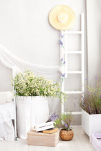 Delicate Interior With A Large Barrel Of Daisies And A Decorative Staircase In The Interior Of The Apartment In The Style Of Provence. Shabby Chic Provencal Style Interior In The Bedroom.  Rustic 