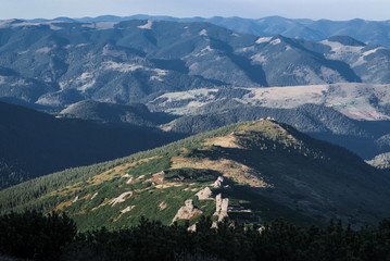  The mountains on a sunny day with clouds and coniferous forest. Landscape