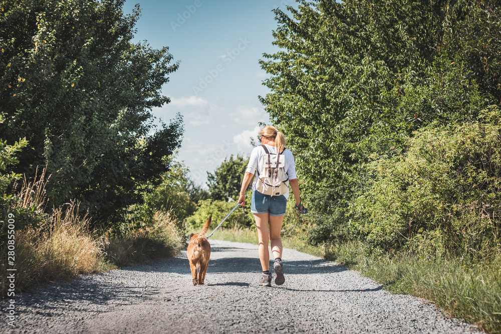 Woman and dog walking on road. Tourist with backpack enjoying walk with her animal best friend - obrazy, fototapety, plakaty 