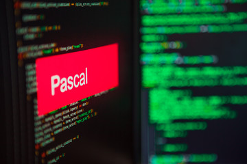 Wall Mural - programming language, pascal inscription on the background of computer code.