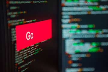 programming language, go inscription on the background of computer code.
