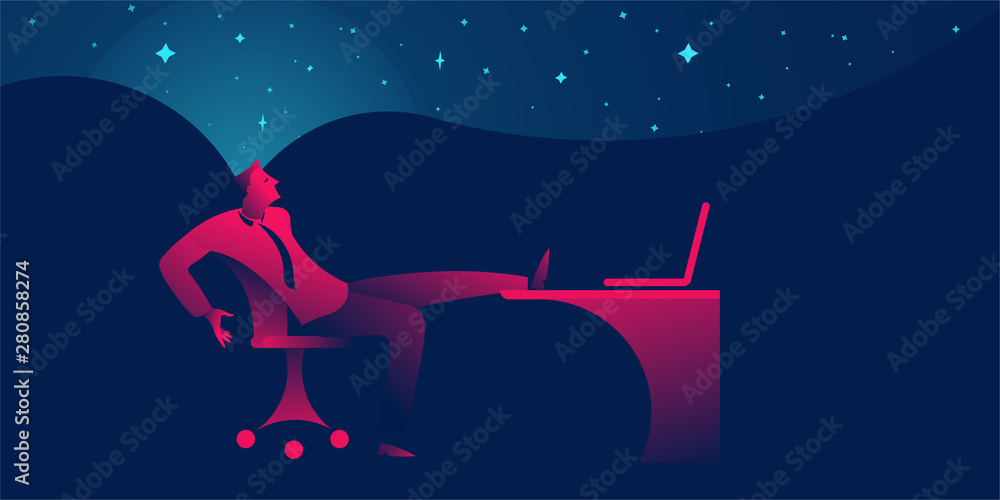 Businessman procrastinating, being lazy, distracted or daydreaming at office. business concept in red and blue neon gradients - obrazy, fototapety, plakaty 