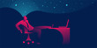 Businessman procrastinating, being lazy, distracted or daydreaming at office. business concept in red and blue neon gradients
