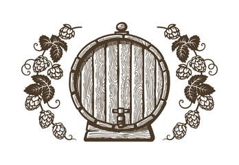 Wall Mural - old wooden beer barrel framed by branches of hops with leaves and cones. design elements for brewery