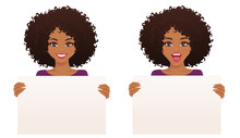 Beautiful Smiling Excited Woman With Afro Hairstyle Holding Empty Blank Board Isolated Vector Illustration
