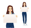 © Volha Hlinskaya - Beautiful smiling young woman in jeans holding empty blank board isolated vector illustration