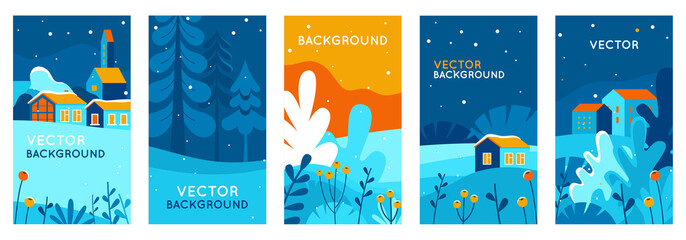 Wall Mural - Vector illustration in flat linear style - winter landscapes - vertical banners and wallpaper for social media stories