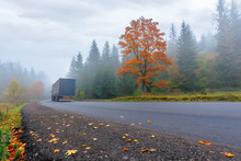 New Asphalt Road Through Forest In Fog. Truck Driving By In To The Distance. Mysterious Autumn Scenery In The Morning. Tree In Orange Foliage, Some Leaves On The Ground. Gloomy Overcast Weather.