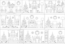 Set Of Christmas Interiors In Outline Style. Vector Rooms With The Decor For The New Year. A Series Of Christmas And New Year Linear Greeting Cards. Black White Minimalistic Posters.