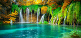 Fototapeta Natura - Exotic waterfall and lake landscape of Plitvice Lakes National Park, UNESCO natural world heritage and famous travel destination of Croatia. The lakes are located in central Croatia (Croatia proper).