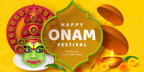 Onam festival background for South India Kerala traditional celebration. Onam Kathakali dancer with umbrella. Vector illustration.