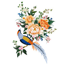 Gorgeous Bouquet With Peonies,sakura,blooming Pum And Diamond Pheasant In Chinese Style