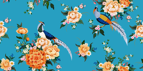 Wall Mural - Beautiful seamless pattern with diamond pheasant sitting on peony branch with blooming sakura,plum and daisies for summer dress in Chinese style