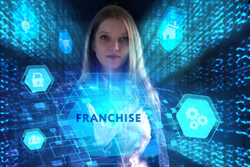 The concept of business, technology, the Internet and the network. A young entrepreneur working on a virtual screen of the future and sees the inscription: Franchise