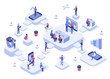 Isometric work team. Cloud workplaces platforms, modern teams workflow process and development company startup. Business technology work achievements, cowork offices 3d vector illustration
