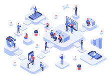 Isometric Work Team. Cloud Workplaces Platforms, Modern Teams Workflow Process And Development Company Startup. Business Technology Work Achievements, Cowork Offices 3d Vector Illustration