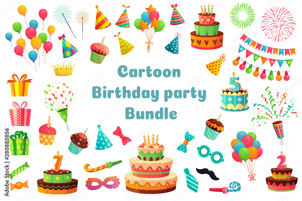 Cartoon birthday party bundle. Sweet celebration cupcakes, colorful balloons and birthday gifts. Delicious dessert cakes, princess carnival items. Isolated vector illustration signs set - obrazy, fototapety, plakaty 
