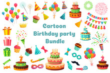 Cartoon Birthday Party Bundle. Sweet Celebration Cupcakes, Colorful Balloons And Birthday Gifts. Delicious Dessert Cakes, Princess Carnival Items. Isolated Vector Illustration Signs Set