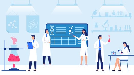 Science laboratory. Scientific lab equipments, professional scientific research and scientist workers. Medical researchers laboratory, biology scientists or doctor vector illustration
