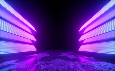 Wall Mural - 3d render, bright pink violet neon abstract background, glowing panels in ultraviolet light, futuristic power generating technology