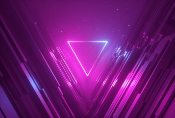 3d render, pink blue neon abstract background with glowing triangle, ultraviolet light, laser show, wall reflection, triangular shape