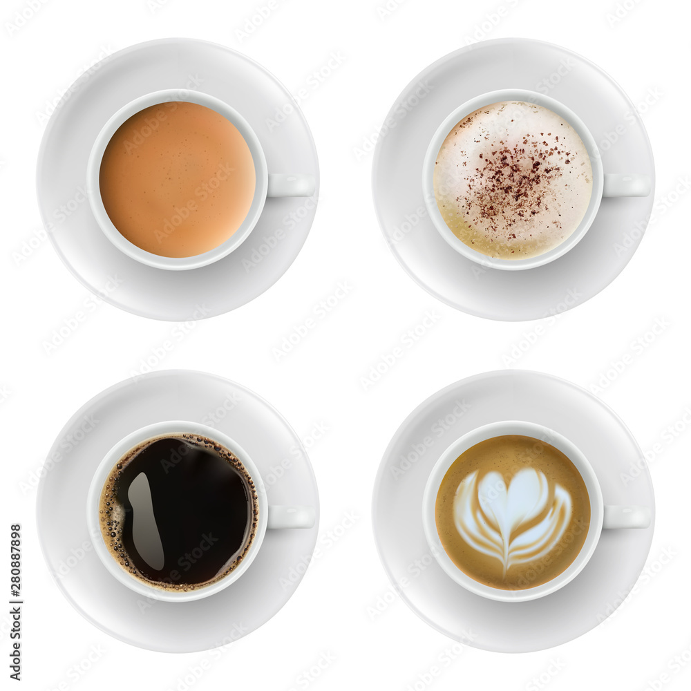 3d realistic different sorts of coffee in white cups view from the top and side. Cappuccino latte americano espresso cocoa in realistic cups. - obrazy, fototapety, plakaty 