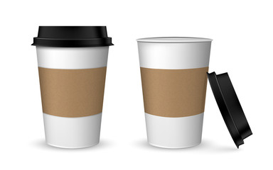 Wall Mural - Cappuccino latte americano espresso cocoa in realistic cups. White paper cup isolated on white background