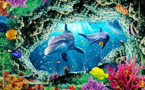 Fototapety delfiny  pod-morska-tafla-wody-delfiny-ryby-i-zolwie-rafa-koralowa