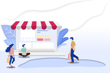 Modern flat design concept of people and Business Online Shopping for M-Commerce with decorated small people character. Landing page template for website and mobile website development UI, UX design.