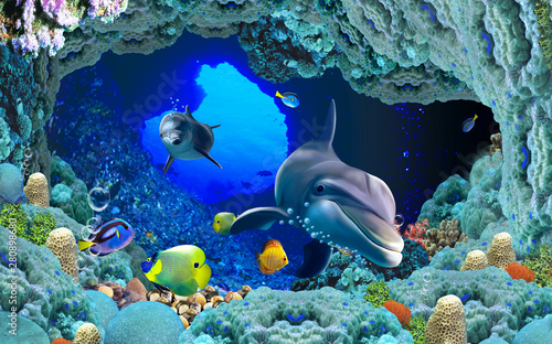 Naklejka dekoracyjna 3d illustration wallpaper under sea dolphin, Fish, Tortoise, Coral reefsand water with broken wall bricks background. will visually expand the space in a small room, bring more light and become an ac