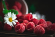 Raspberry in a red cup with chamomile and leaves on a dark background. Summer and healthy food concept. Background with copy space. Selective focus.