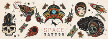 Space. Old School Tattoo Vector Collection. Dead Spaceman, Girl Astronaut, Gun Blaster, UFO Abducts Cat, Space Monster, Rocket, Meteor. Retro Sci-Fi Art. Traditional Tattooing Style
