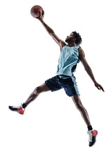 One Afro-american African Basketball Player Man Isolated In Silhouette Shadow On White Background
