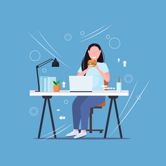 Wall Mural - fat obese woman using laptop eating burger fast food unhealthy lifestyle concept overweight girl freelancer sitting at workplace flat full length