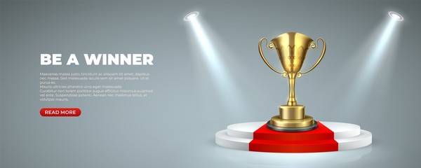 business or sport award on illuminated podium. cup prize trophy on round stages with red carpet winn