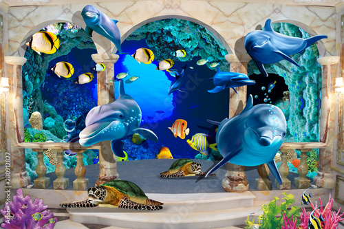 Fototapeta na wymiar 3d illustration wallpaper under sea dolphin, Fish, Tortoise, Coral reefsand water with broken wall bricks background. will visually expand the space in a small room, bring more light and become an ac