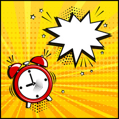 Empty white speech bubble and red alarm clock on yellow background. Comic sound effects in pop art style. Vector illustration