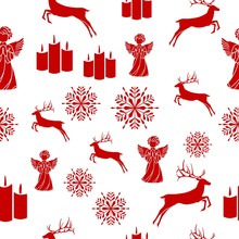 Merry Christmas Red Elements On White Background. Seamless Graphic Pattern Made With Elements Of Zentangl And Doodle. Wrapping Paper Illustration