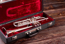 Professional Trumpet In Velvet Case. Brass Lacquered Trumpet. Classical Jazzy Instrument.